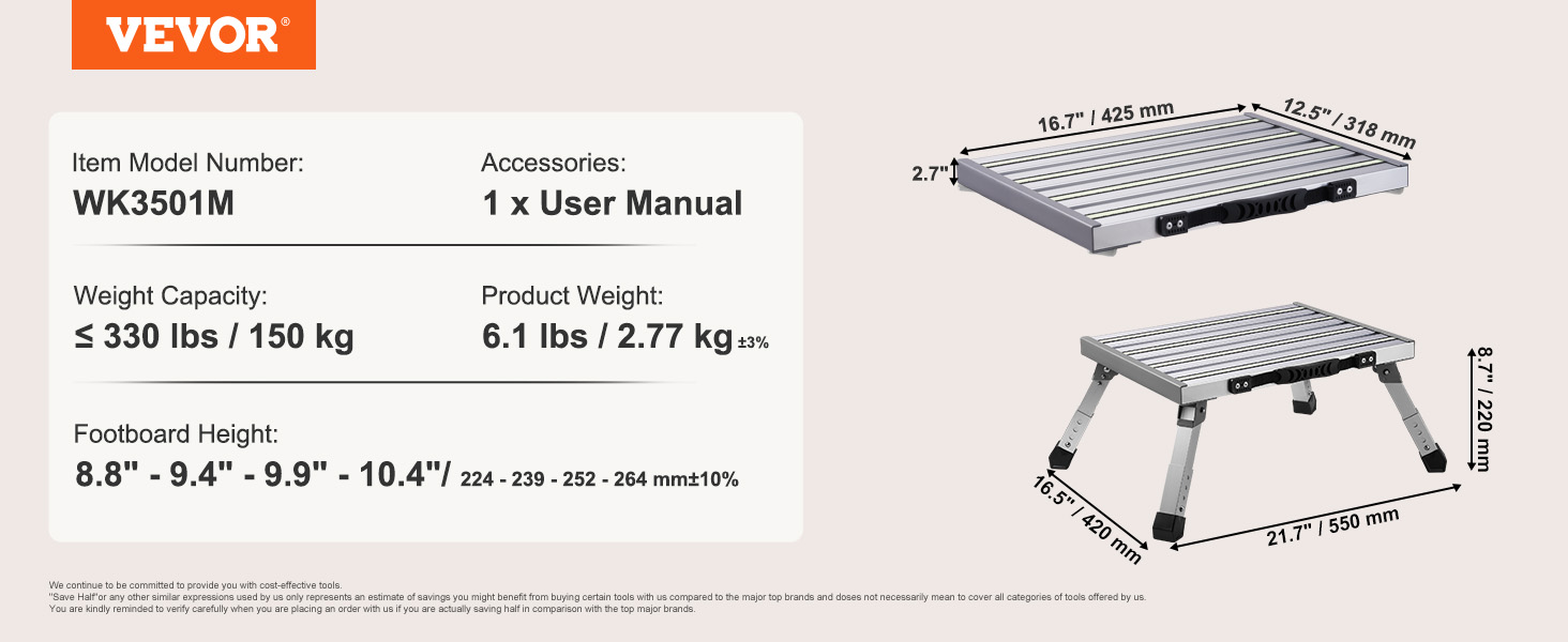 VEVOR rv steps, model wk3501m, 330 lbs capacity, weight 6.1 lbs, adjustable footboard height.