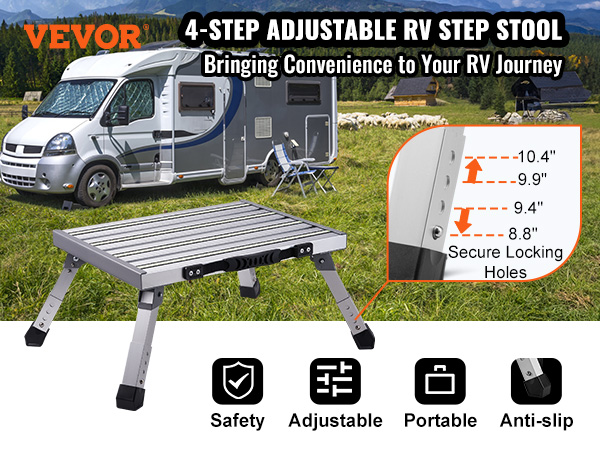 VEVOR rv steps: 4-step adjustable step stool shown against an rv in the countryside.