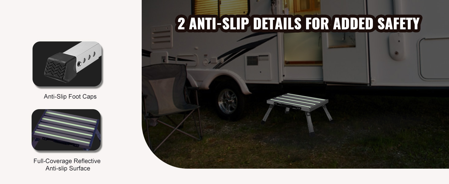 VEVOR rv steps with anti-slip foot caps and a full-coverage reflective anti-slip surface beside an rv.