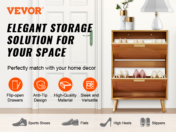 VEVOR shoe cabinet in wood finish with flip-open drawers and anti-tip design for versatile home storage.