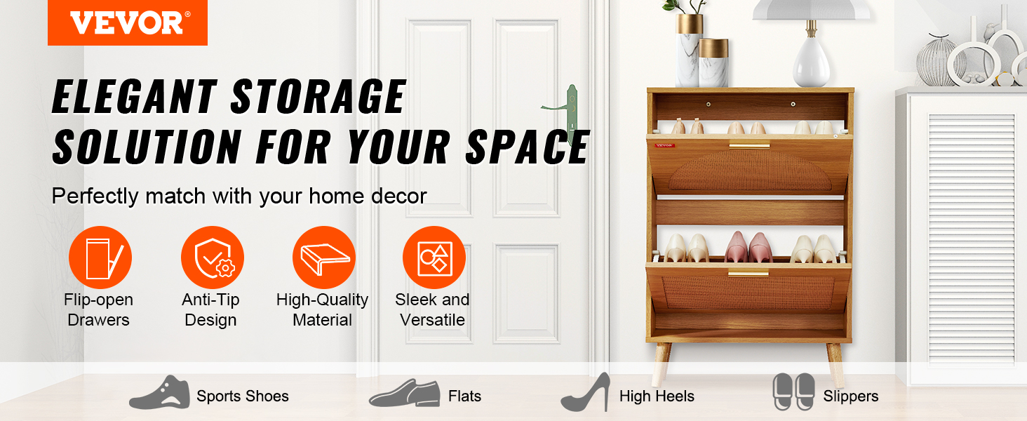VEVOR shoe cabinet in wood finish with flip-open drawers and anti-tip design for versatile home storage.