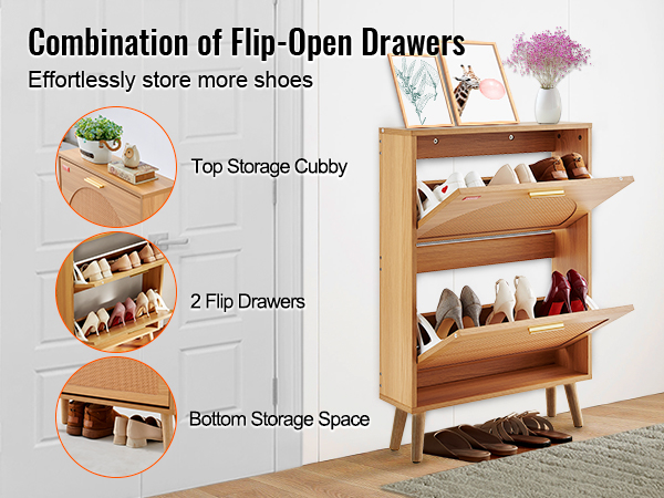 VEVOR shoe cabinet with top storage cubby, 2 flip drawers, and bottom storage space. effortlessly store shoes.