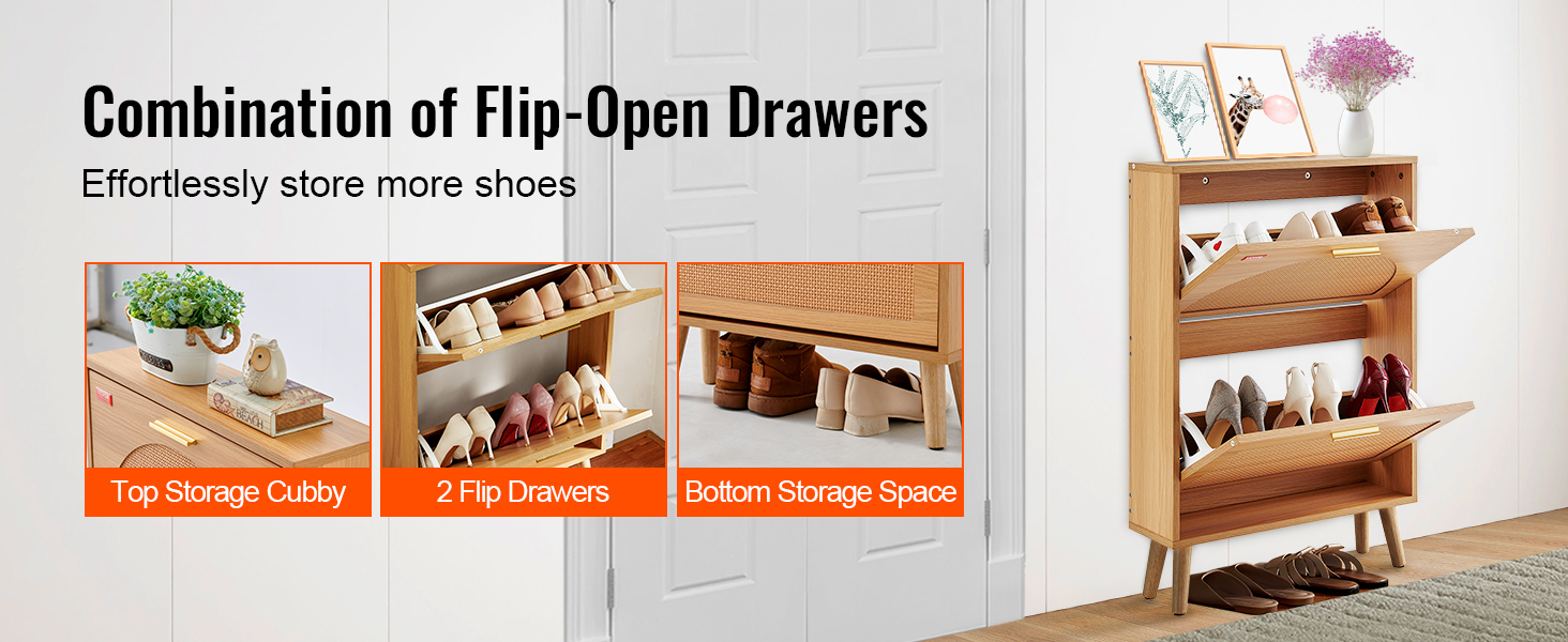 VEVOR shoe cabinet with top storage cubby, 2 flip drawers, and bottom storage space. effortlessly store shoes.
