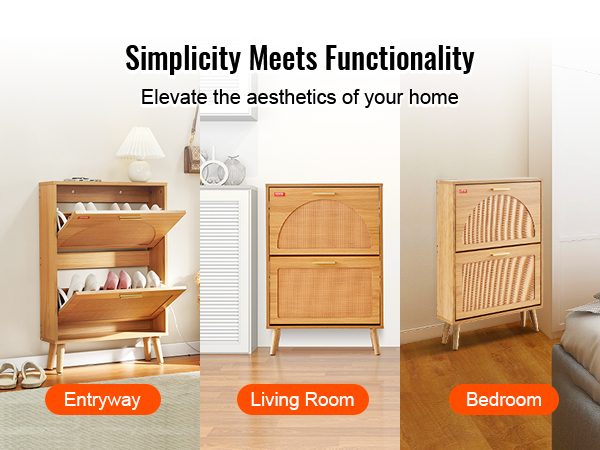 VEVOR shoe cabinet in entryway, living room, and bedroom, showing simplicity and functionality.
