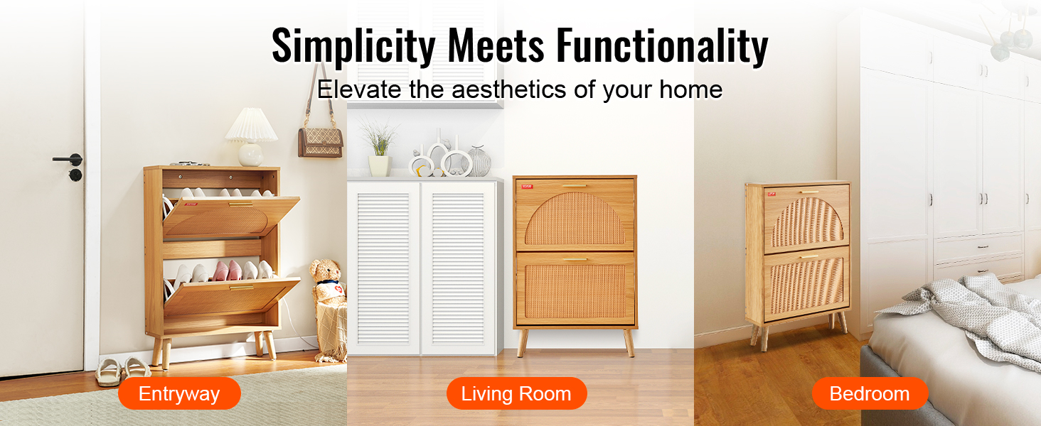 VEVOR shoe cabinet in entryway, living room, and bedroom, showing simplicity and functionality.