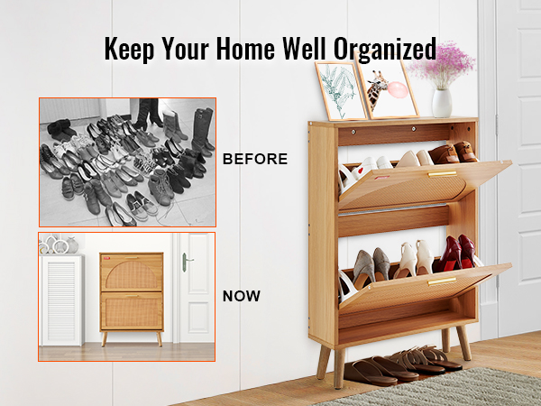 keep your home tidy with the VEVOR shoe cabinet - before and after shoe storage comparison.