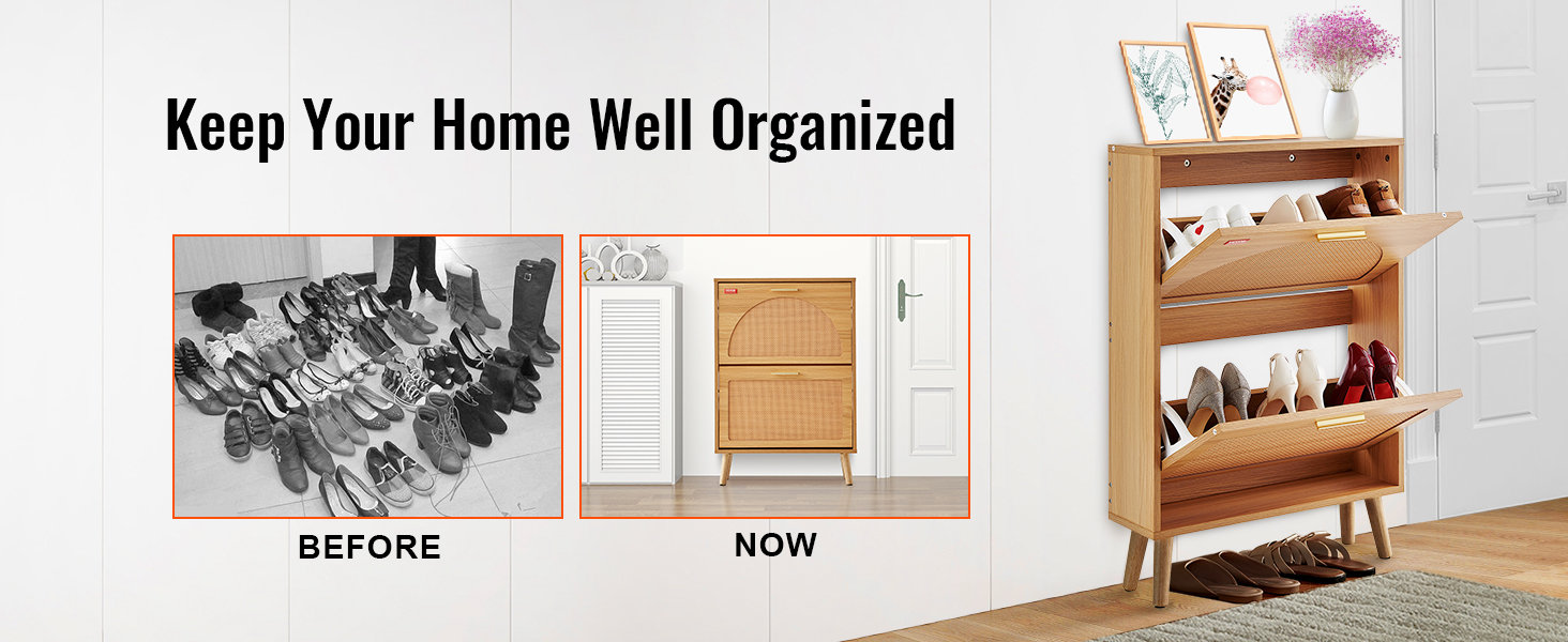 keep your home tidy with the VEVOR shoe cabinet - before and after shoe storage comparison.