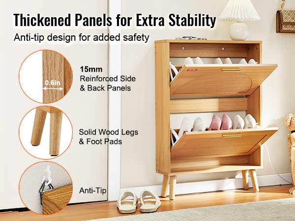 VEVOR shoe cabinet with thickened panels, anti-tip design, solid wood legs, and 15mm reinforced sides.