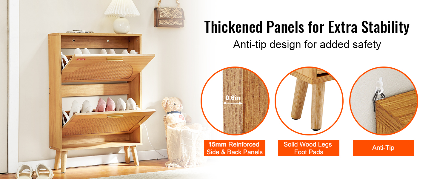 VEVOR shoe cabinet with thickened panels, anti-tip design, solid wood legs, and 15mm reinforced sides.