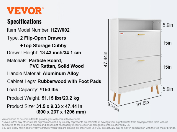 VEVOR shoe cabinet with 2 flip-open drawers, aluminum alloy handles, and rubberwood legs.