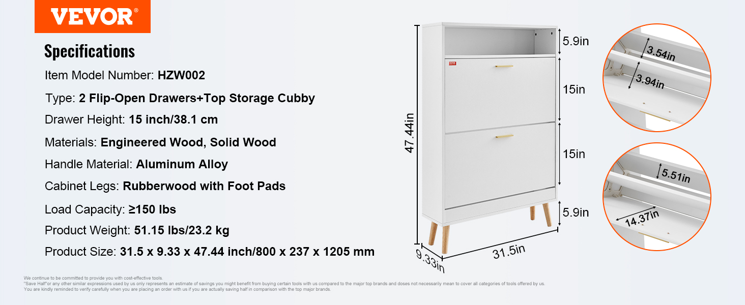 VEVOR shoe cabinet with 2 flip-open drawers, aluminum alloy handles, and rubberwood legs.