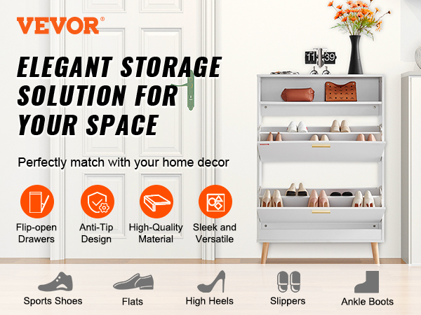 VEVOR shoe cabinet with flip-open drawers showcasing organized sports shoes, flats, high heels, and ankle boots.