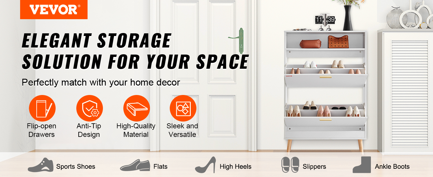 VEVOR shoe cabinet with flip-open drawers showcasing organized sports shoes, flats, high heels, and ankle boots.