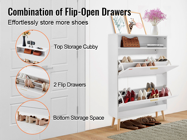 VEVOR shoe cabinet with top cubby, 2 flip drawers, and bottom storage space holding various shoes.