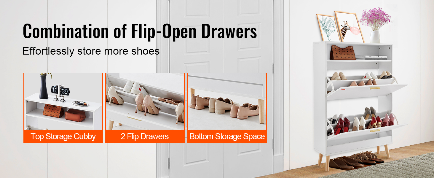 VEVOR shoe cabinet with top cubby, 2 flip drawers, and bottom storage space holding various shoes.