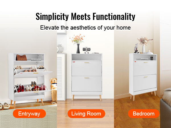 VEVOR shoe cabinet in entryway, living room, and bedroom, enhancing home aesthetics and functionality.