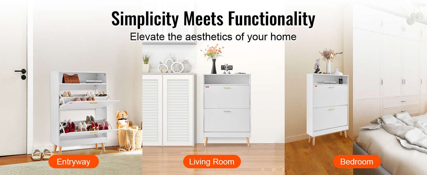 VEVOR shoe cabinet in entryway, living room, and bedroom, enhancing home aesthetics and functionality.