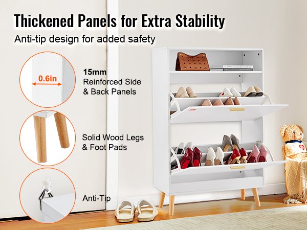 white VEVOR shoe cabinet with thick panels, solid wood legs, anti-tip design, and multiple shoe racks.