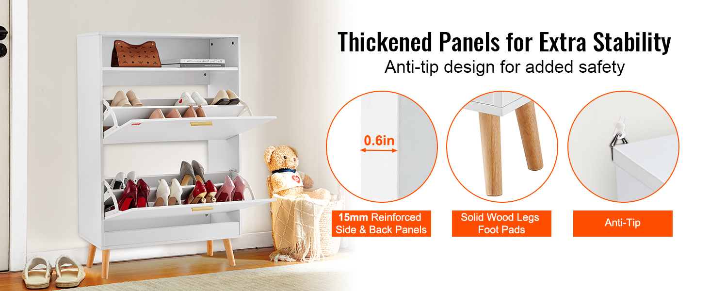 white VEVOR shoe cabinet with thick panels, solid wood legs, anti-tip design, and multiple shoe racks.