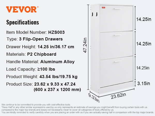 VEVOR shoe cabinet hzs003 with 3 flip-open drawers, aluminum alloy handles, and p2 chipboard materials.