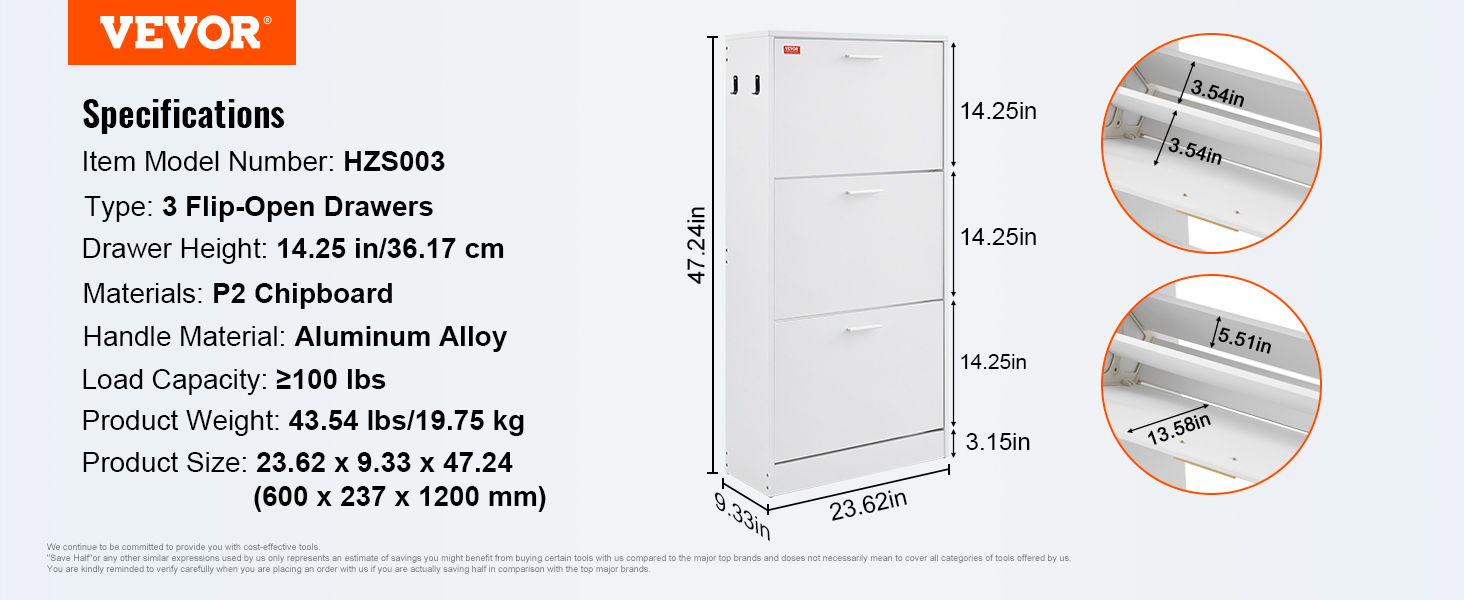 VEVOR shoe cabinet hzs003 with 3 flip-open drawers, aluminum alloy handles, and p2 chipboard materials.