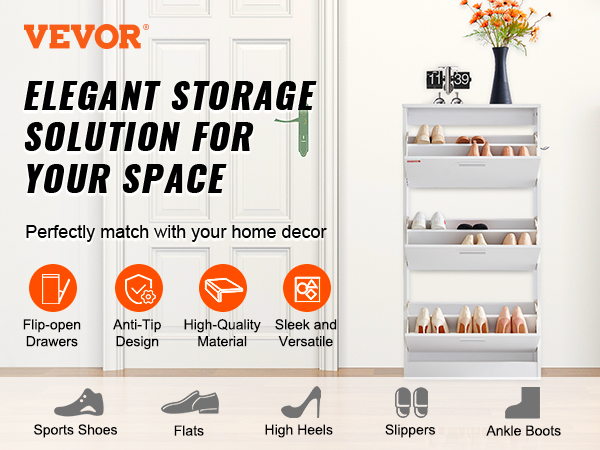 VEVOR shoe cabinet with flip-open drawers, anti-tip design, and versatile storage for various shoes.