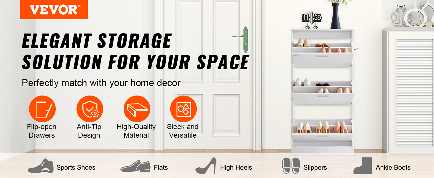 VEVOR shoe cabinet with flip-open drawers, anti-tip design, and versatile storage for various shoes.