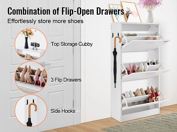 VEVOR shoe cabinet with flip-open drawers, side hooks, and top storage cubby for efficient shoe storage.