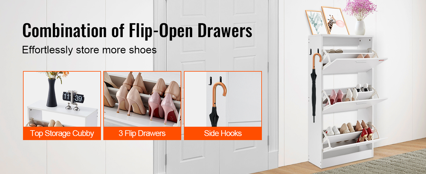 VEVOR shoe cabinet with flip-open drawers, side hooks, and top storage cubby for efficient shoe storage.