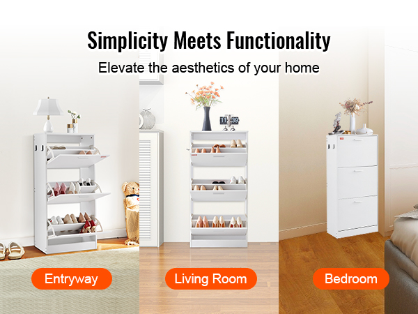 VEVOR shoe cabinet in entryway, living room, and bedroom, highlighting simplicity and functionality.