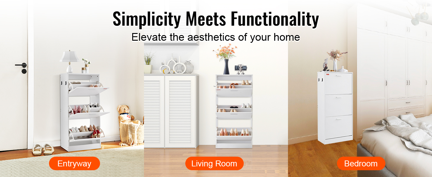 VEVOR shoe cabinet in entryway, living room, and bedroom, highlighting simplicity and functionality.