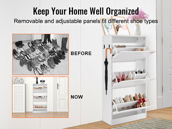 VEVOR shoe cabinet showcasing before and after shoe organization with removable adjustable panels.