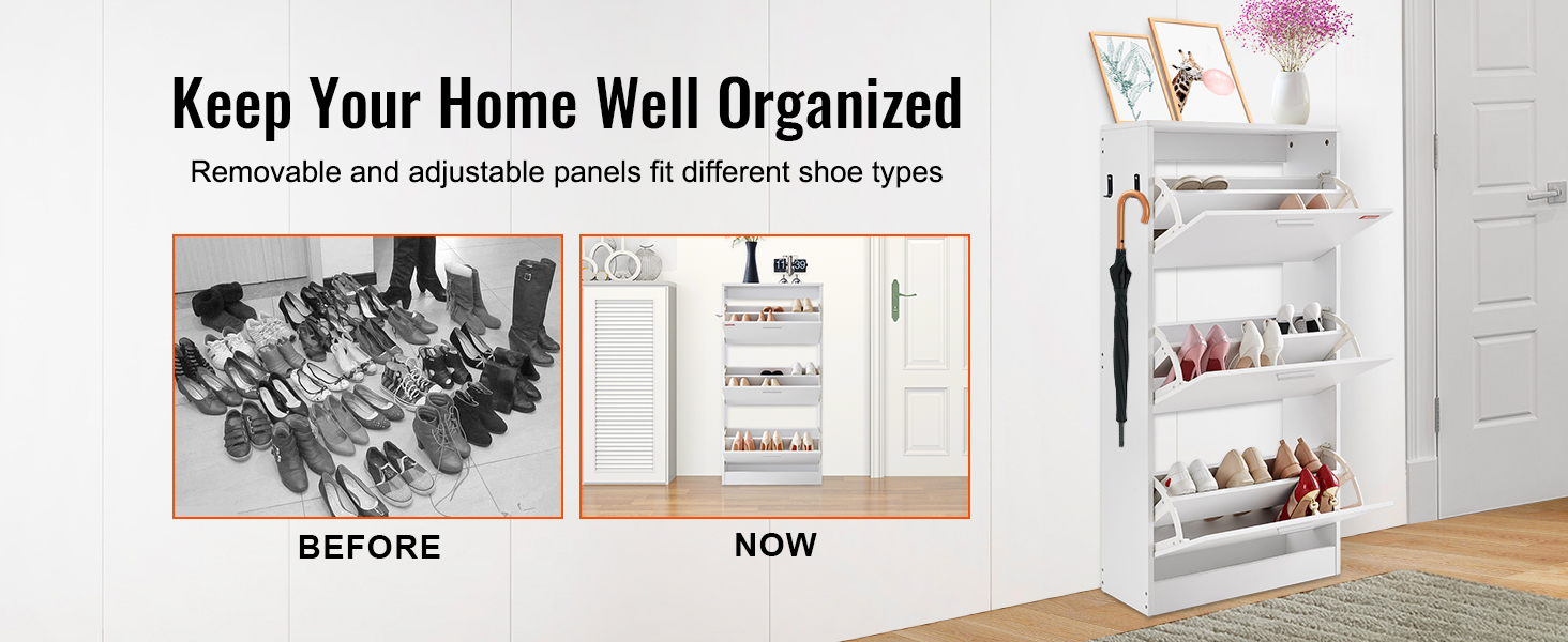 VEVOR shoe cabinet showcasing before and after shoe organization with removable adjustable panels.