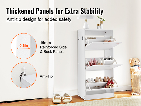 white VEVOR shoe cabinet with 15mm reinforced panels, showcasing anti-tip safety design and multiple shoe compartments.