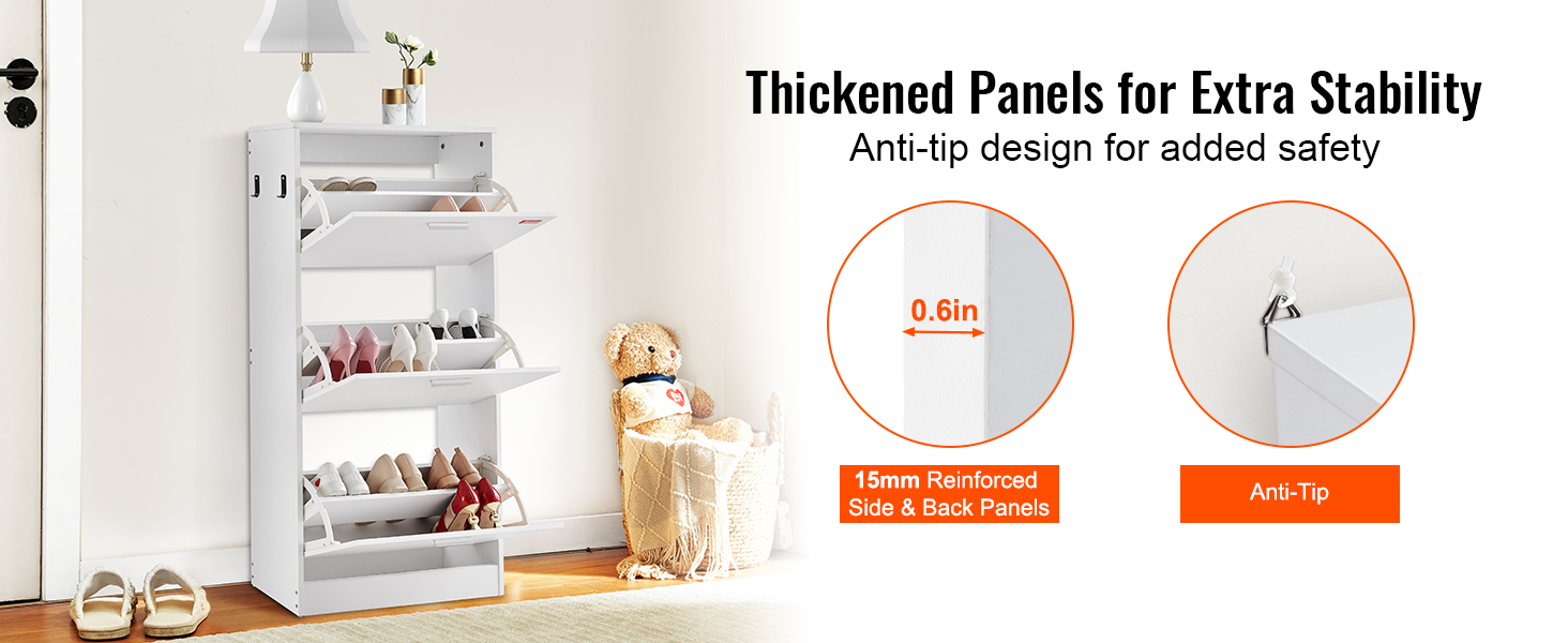 white VEVOR shoe cabinet with 15mm reinforced panels, showcasing anti-tip safety design and multiple shoe compartments.