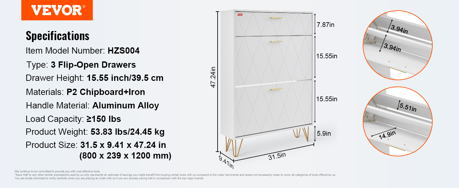 VEVOR shoe cabinet with 3 flip-open drawers, aluminum alloy handles, and 150 lbs load capacity.