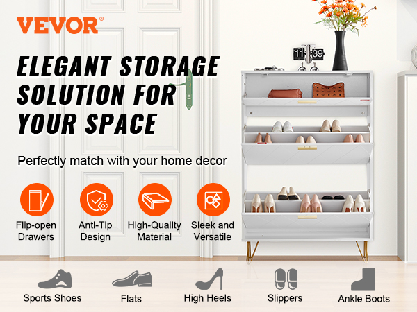 VEVOR shoe cabinet with flip-open drawers, sleek and versatile design, perfect for organizing footwear.