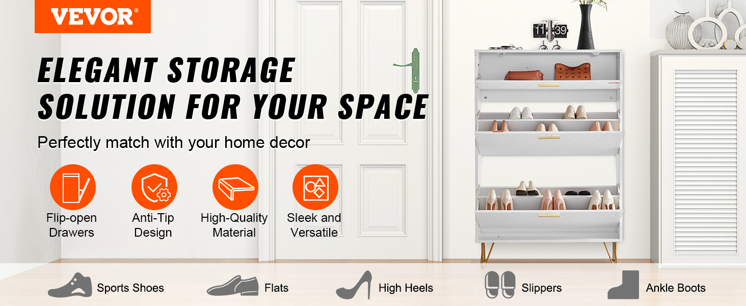 VEVOR shoe cabinet with flip-open drawers, sleek and versatile design, perfect for organizing footwear.