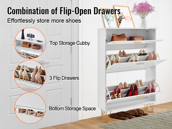 VEVOR shoe cabinet with flip-open drawers, top storage cubby, and bottom storage space for shoes.