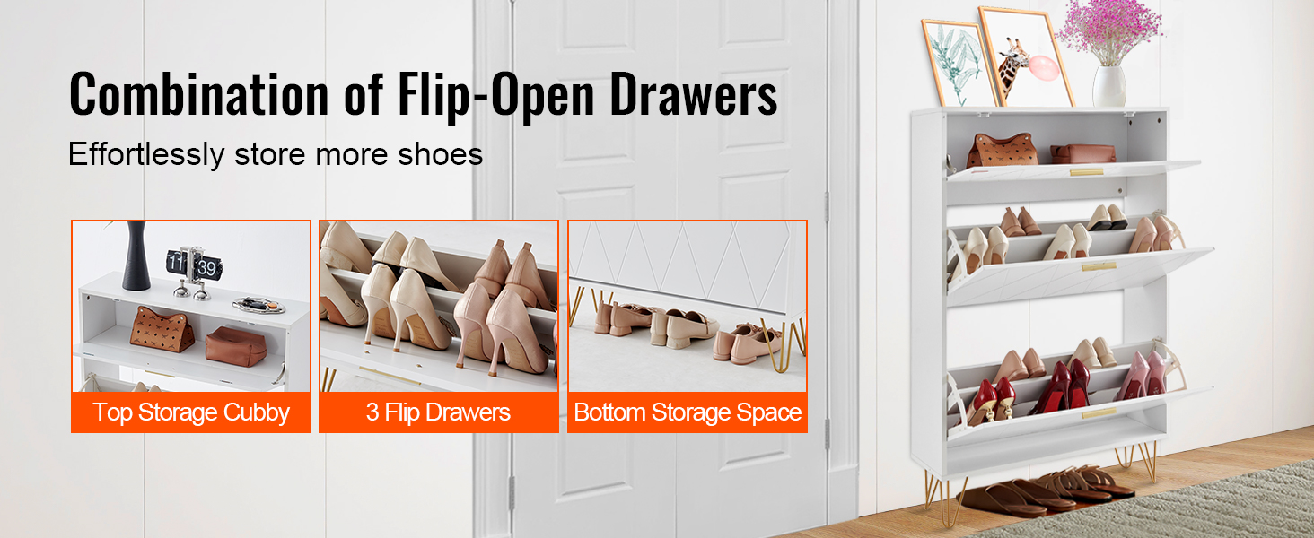VEVOR shoe cabinet with flip-open drawers, top storage cubby, and bottom storage space for shoes.