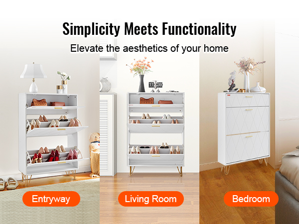 VEVOR shoe cabinet in entryway, living room, and bedroom, showcasing sleek design and functionality.