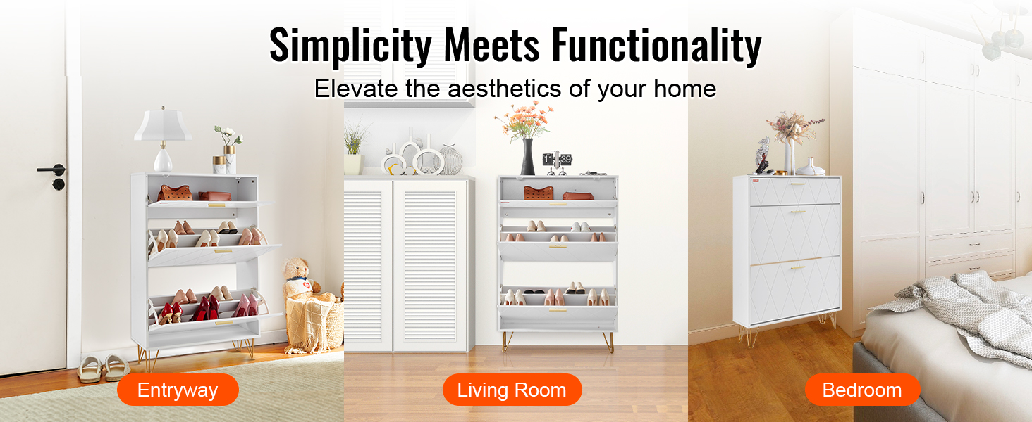 VEVOR shoe cabinet in entryway, living room, and bedroom, showcasing sleek design and functionality.