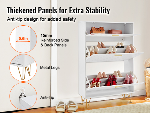 VEVOR shoe cabinet: white shoe storage with metal legs, anti-tip, reinforced panels for stability.