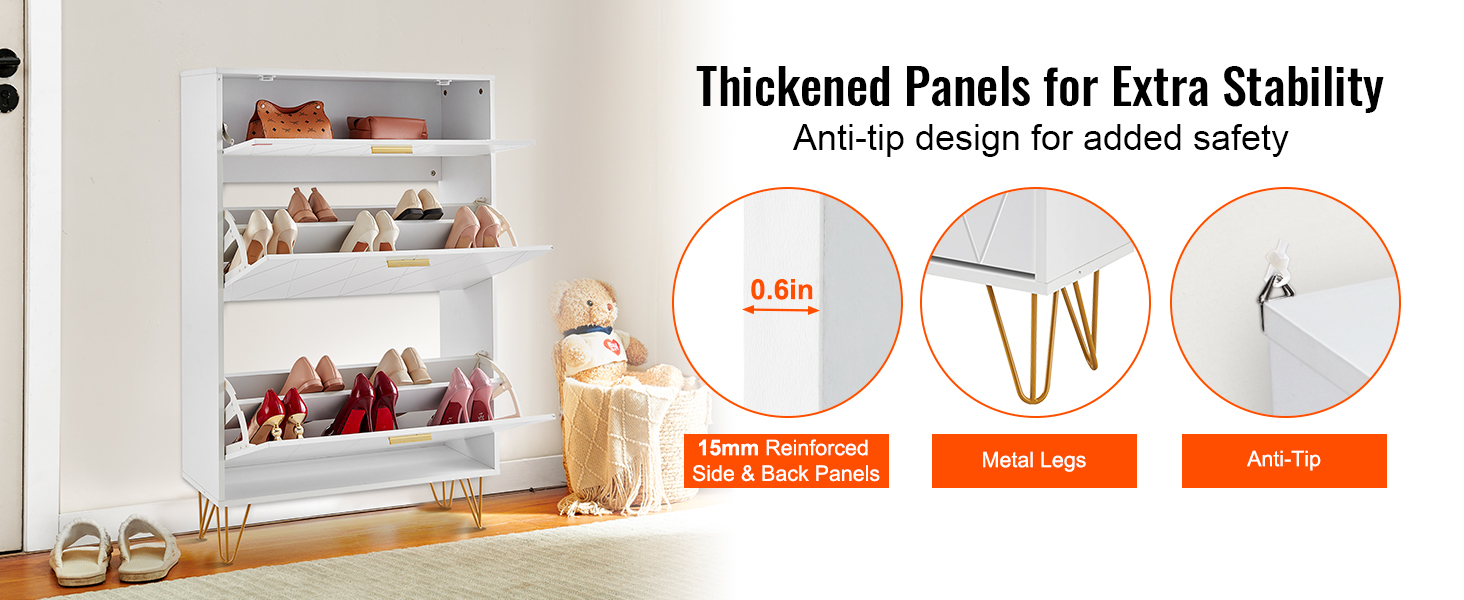 VEVOR shoe cabinet: white shoe storage with metal legs, anti-tip, reinforced panels for stability.