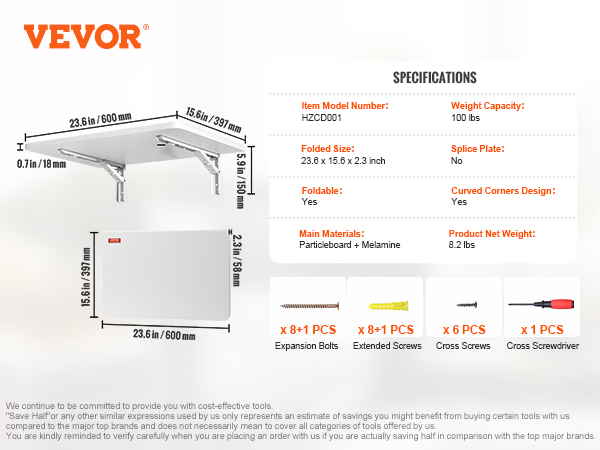 VEVOR folding wall table with specifications, dimensions, and included installation hardware.