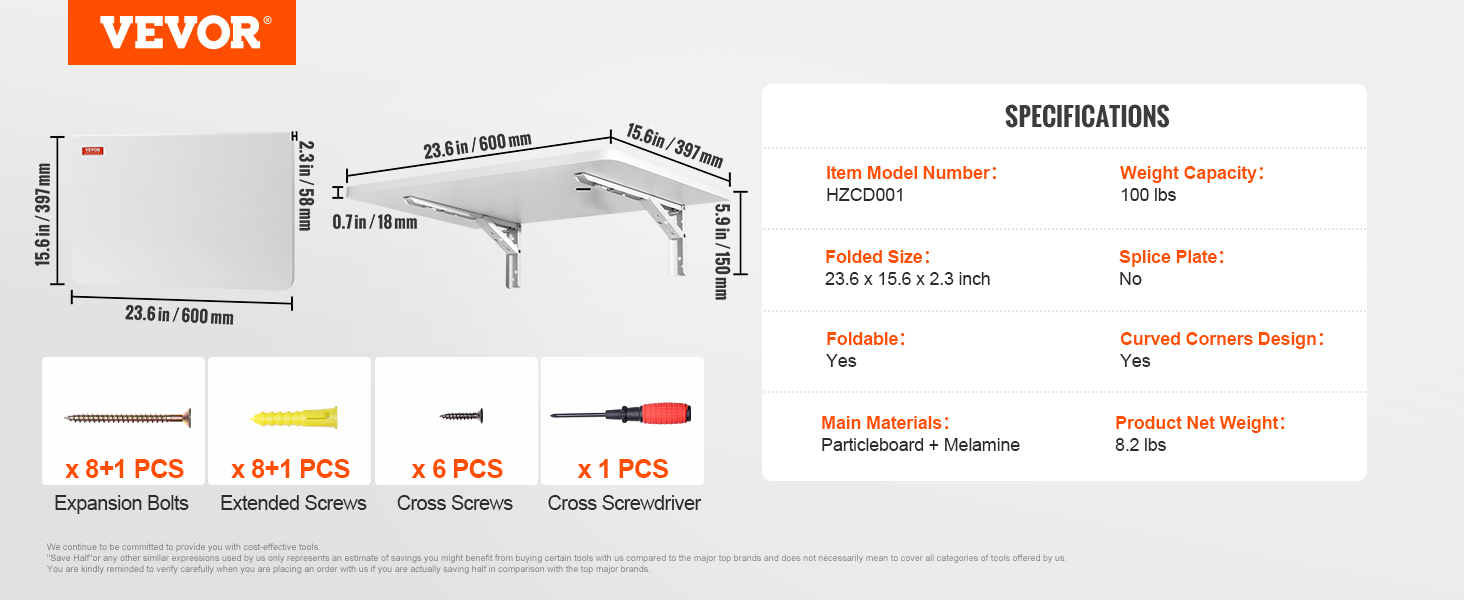 VEVOR folding wall table with specifications, dimensions, and included installation hardware.