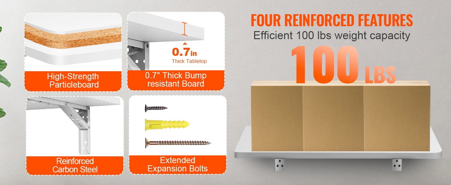four reinforced features of VEVOR folding wall table: high-strength particleboard