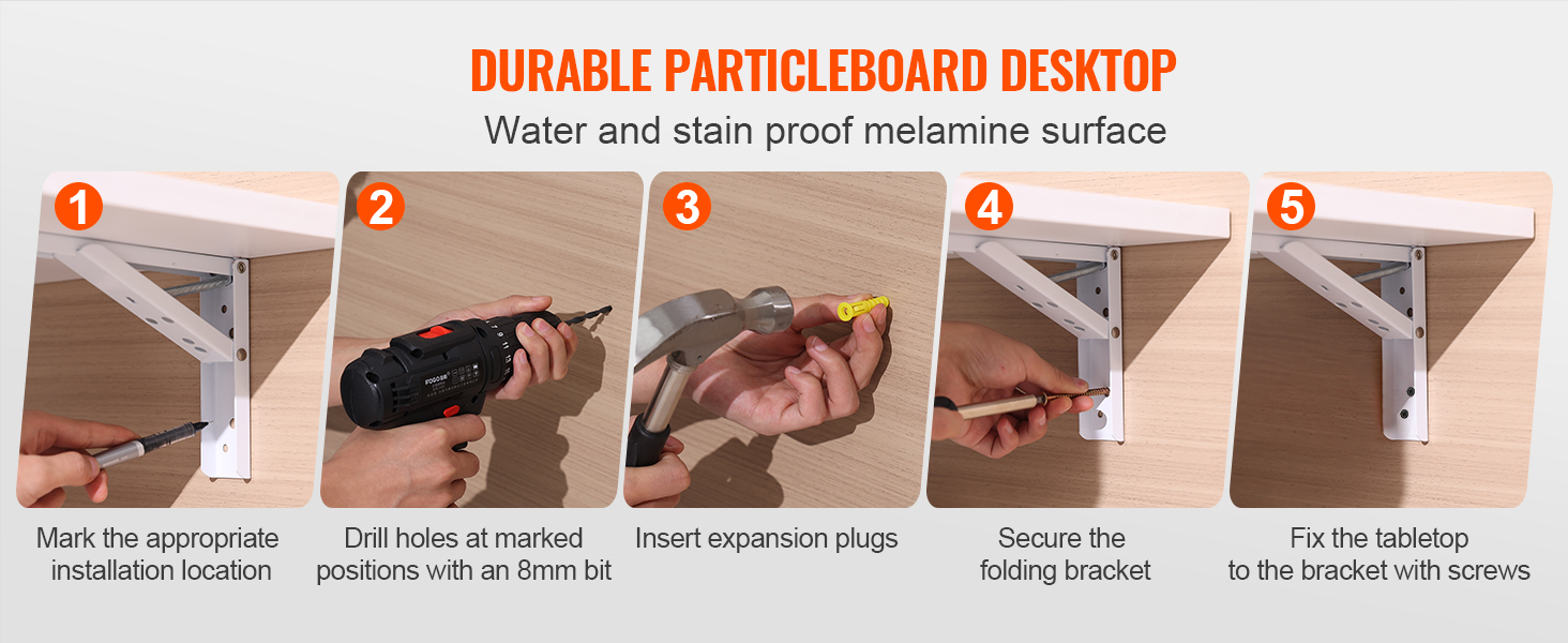 installation steps for VEVOR folding wall table with durable particleboard desktop and melamine surface.