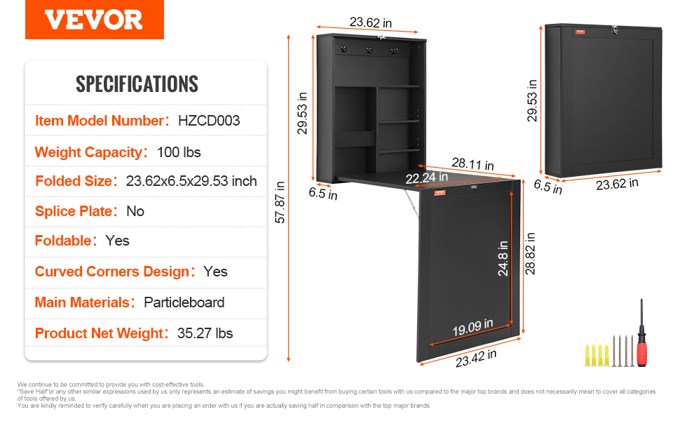 VEVOR wall mounted desk specifications with dimensions, weight capacity, foldable design, and included tools.