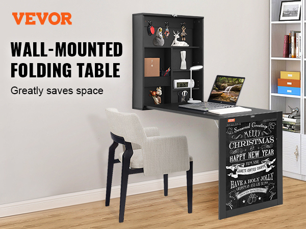 VEVOR wall mounted desk with shelves, workstation setup, folding table, and white chair in a modern room.